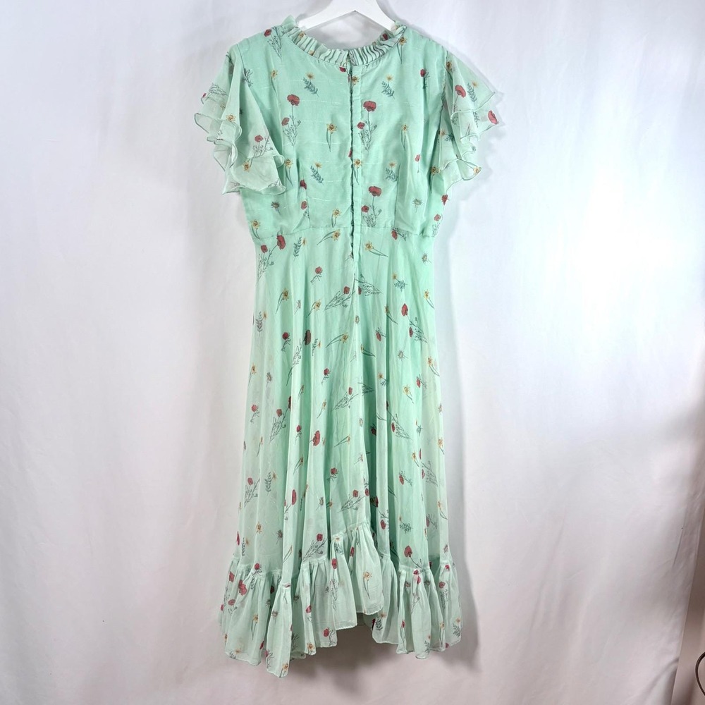 Handmade Vintage Midi Dress Mint Green Floral Poppy Ruffle Flutter Sleeve - Picture 3 of 9